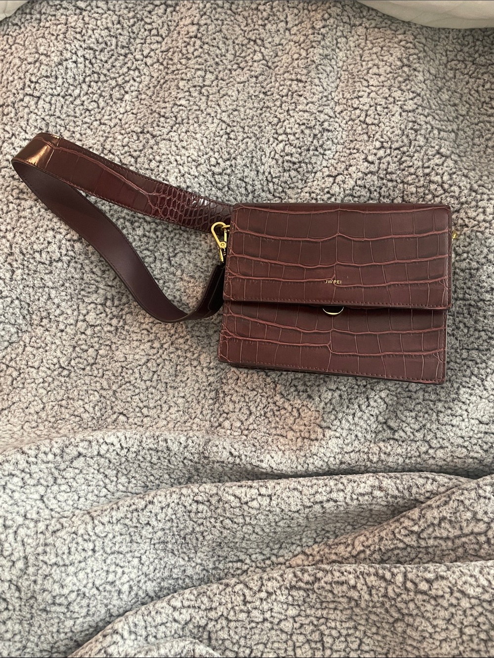 JW PEI Croc-Embossed Chestnut Brown Crossbody Bag